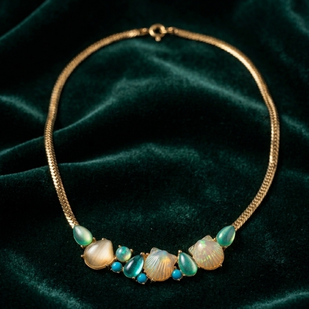 Vintage Trifari TM Signed Seashell Gold-Tone Mermaidcore Statement Necklace